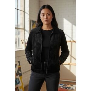 IZOD Women's Black Stretch Velour Jacket – Paisley Embossed – Size M Y2K